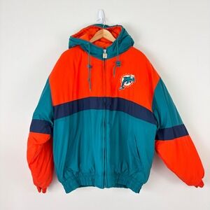 Vintage Logo 7 Miami Dolphins NFL Puffer Jacket Orange Aqua XL Spellout 
Gameday